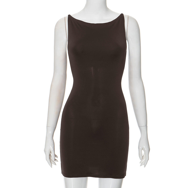 Pure Color Sleeveless Simple Backless Fitted Sexy Bodycon Dress