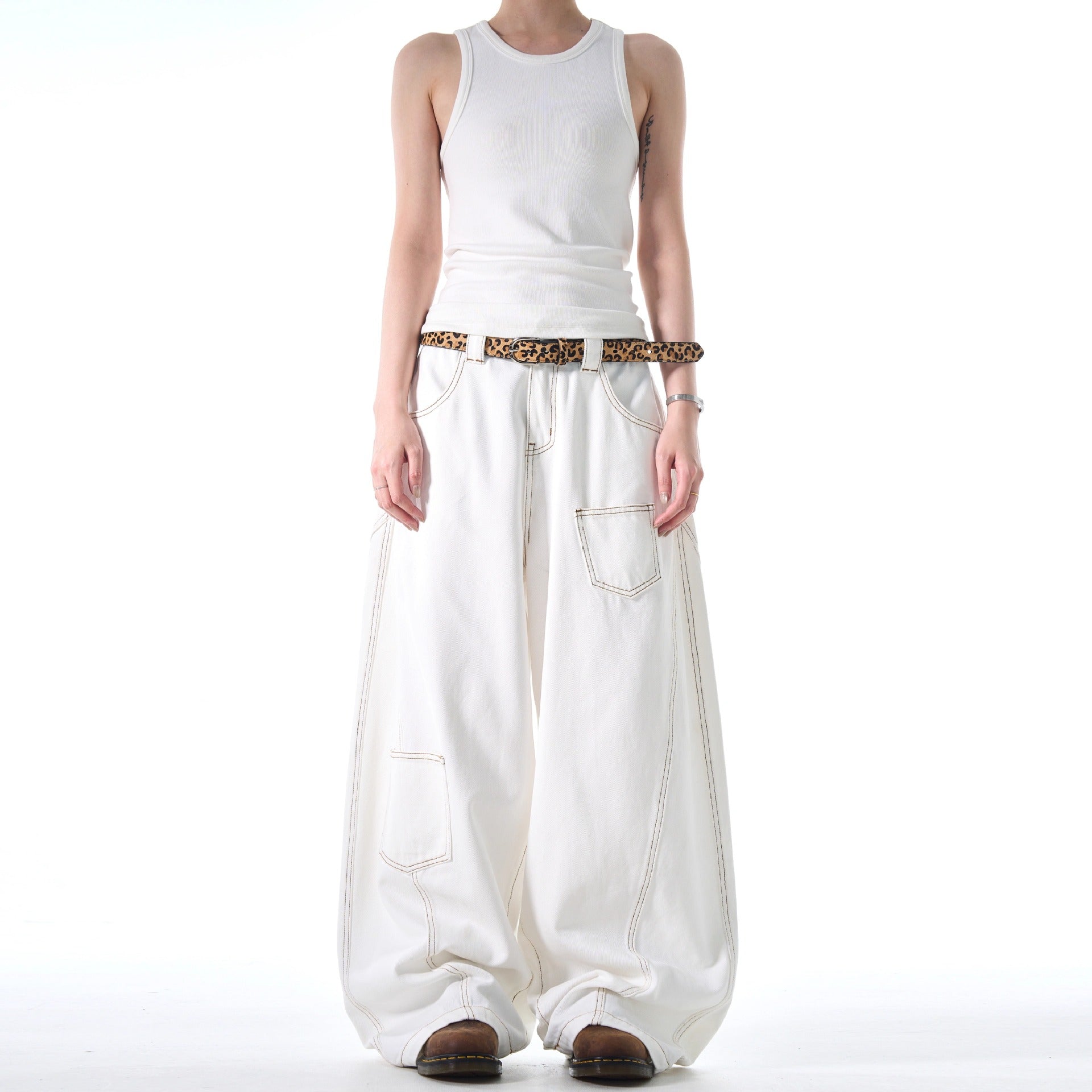 Design Denim Pants Women Loose Unique Style Multi-Pocket Wide Leg Long Trousers