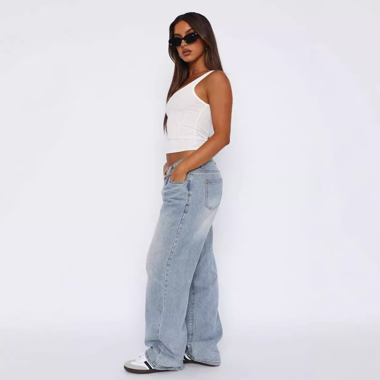 Mid waist non elastic straight tube loose denim pants for women