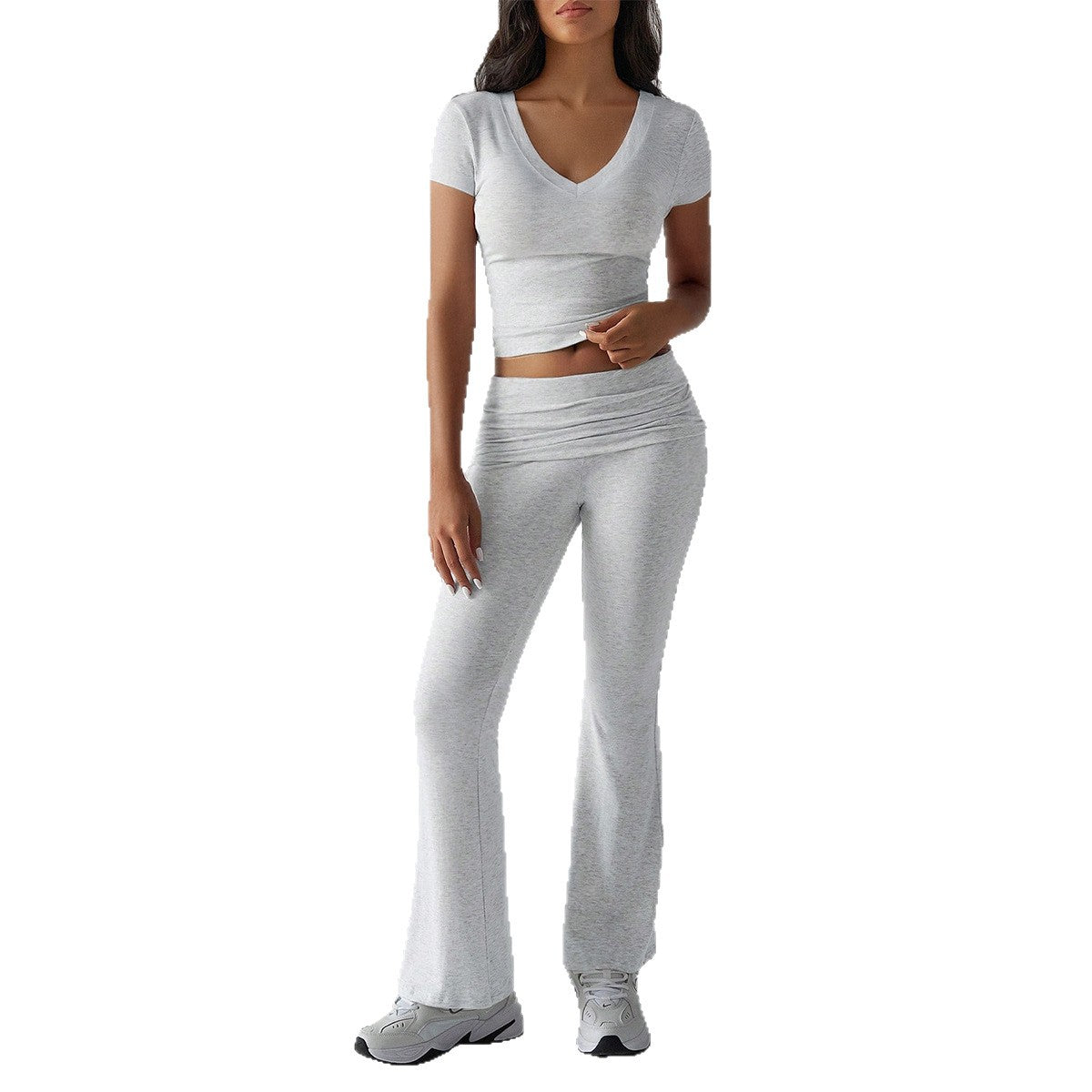 Solid color short sleeved T-shirt yoga long pants set for women