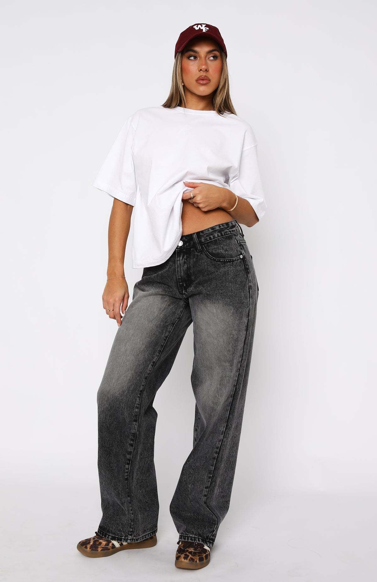 Mid waist non elastic straight tube loose denim pants for women
