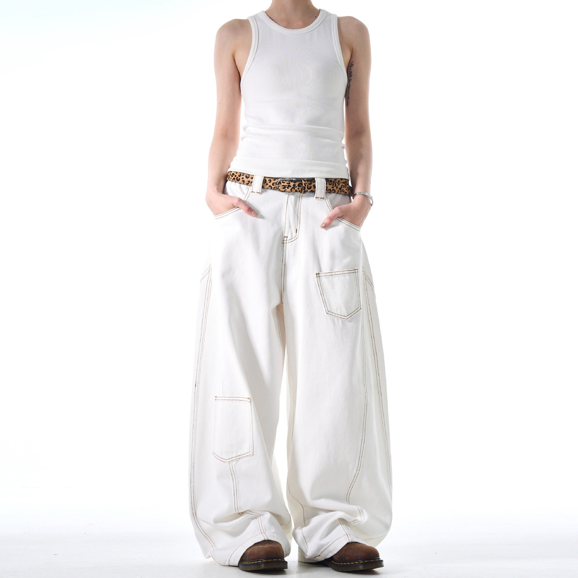 Design Denim Pants Women Loose Unique Style Multi-Pocket Wide Leg Long Trousers