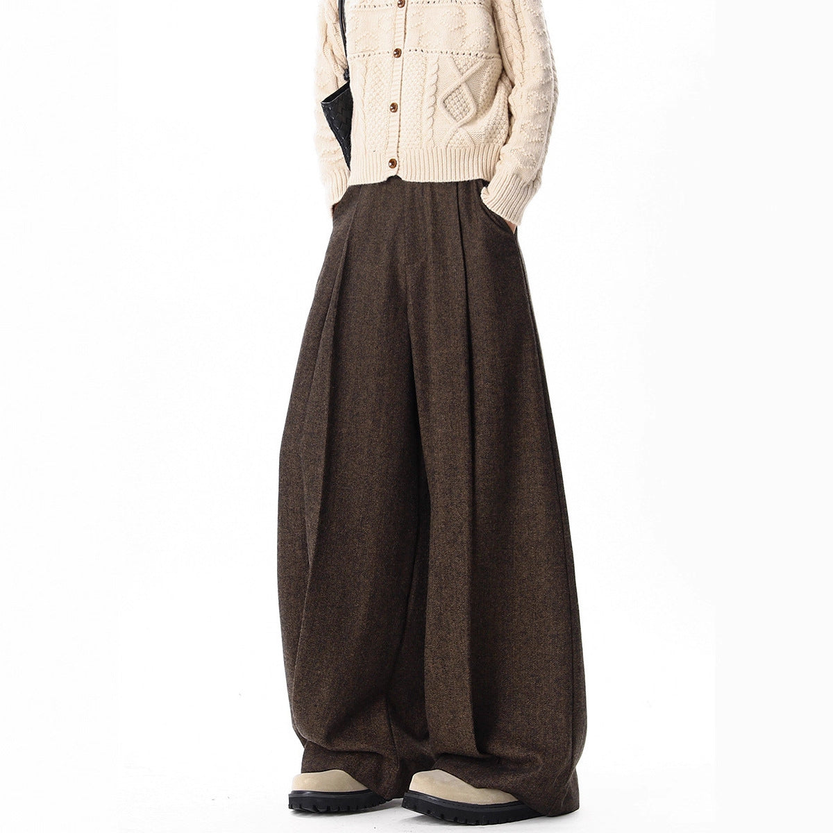 Preppy Style Pleated Woolen Casual Pants for Men and Women, Winter Heavyweight Melange Floor-Length Loose Drape Wide-Leg Pants