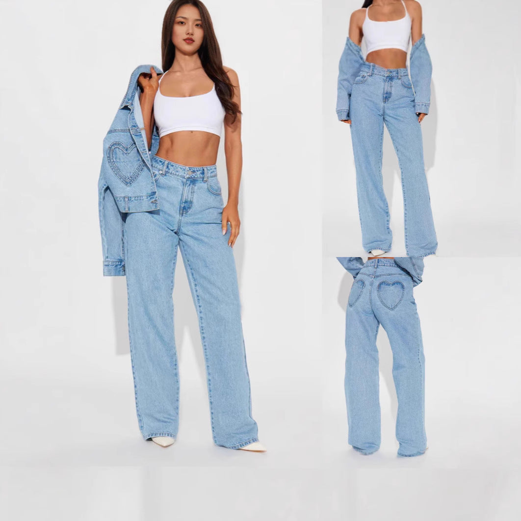 Heart shaped pocket denim pants for women