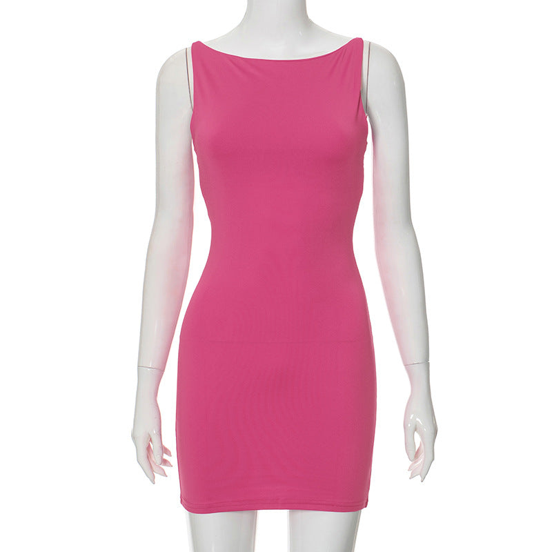 Pure Color Sleeveless Simple Backless Fitted Sexy Bodycon Dress