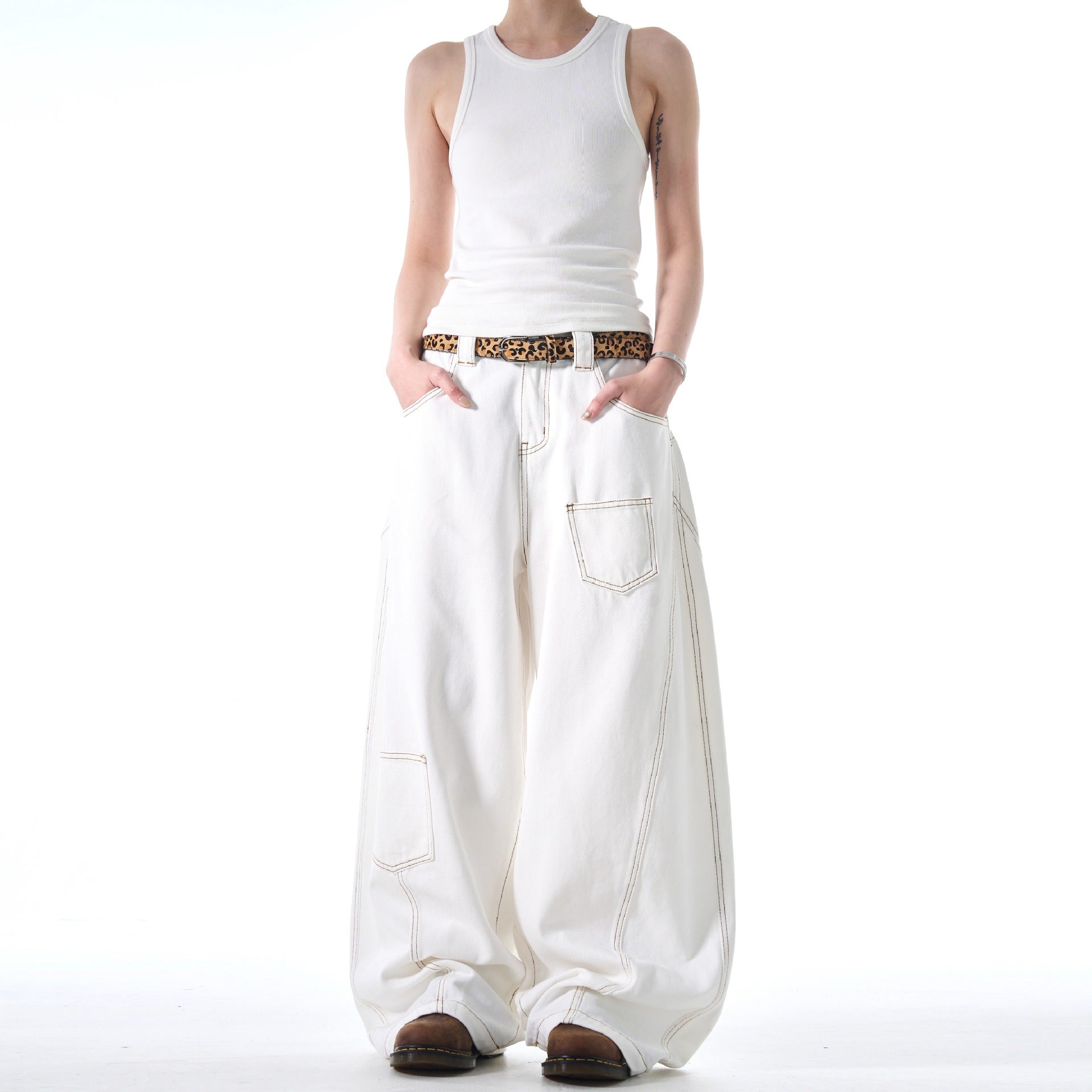 Design Denim Pants Women Loose Unique Style Multi-Pocket Wide Leg Long Trousers