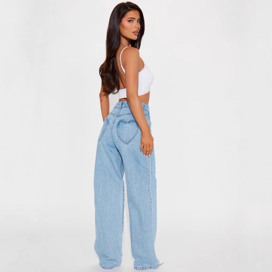 Heart shaped pocket denim pants for women