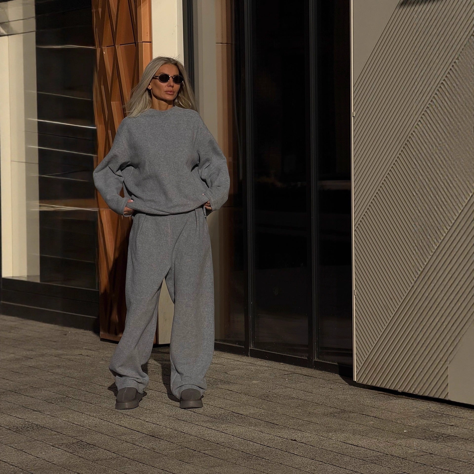 Women Thick Fleece Sweatshirt Wide Leg Pants Two-Piece Set Loose