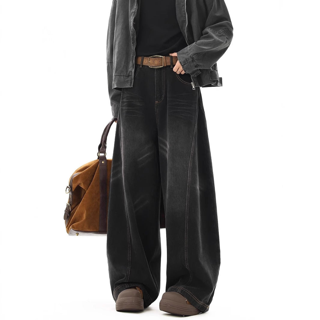 Vintage Cat-Whisker Curved Knife Jeans Men High Street Loose Design Clean Fit Straight Leg Wide Leg Long Pants