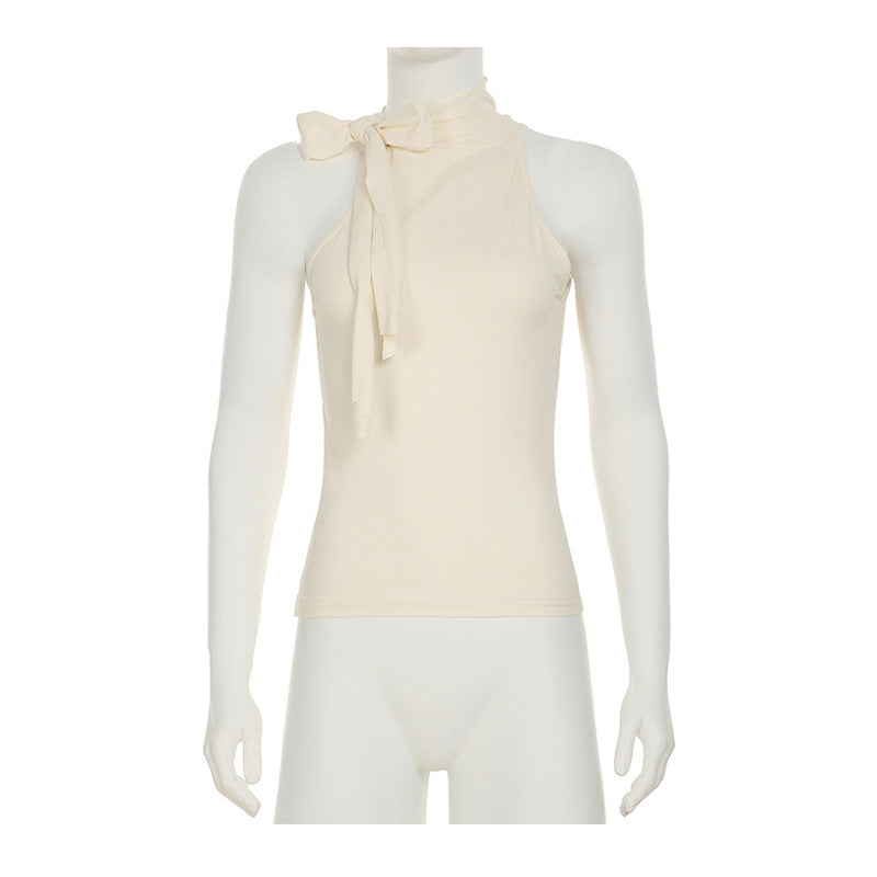 Women's Pure Color Strap Round Neck Halter Sleeveless Unique Sexy Fashion Elastic Crop Top