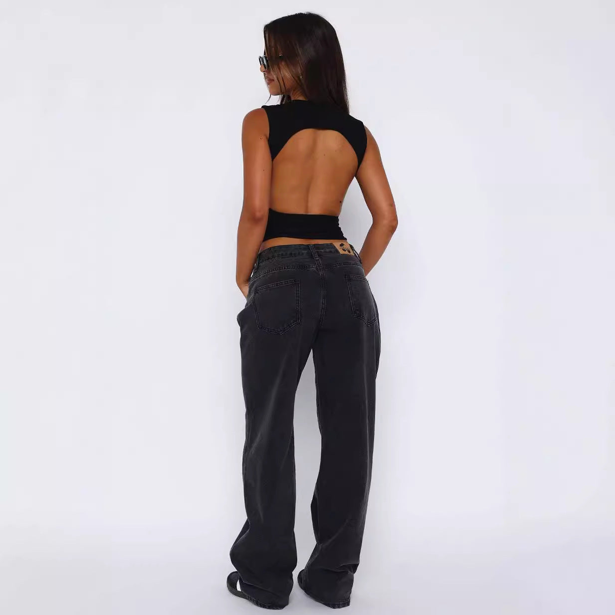 Mid waist non elastic straight tube loose denim pants for women