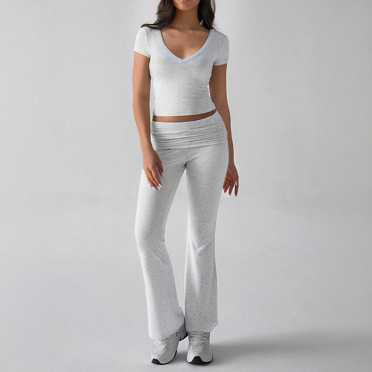 Solid color short sleeved T-shirt yoga long pants set for women