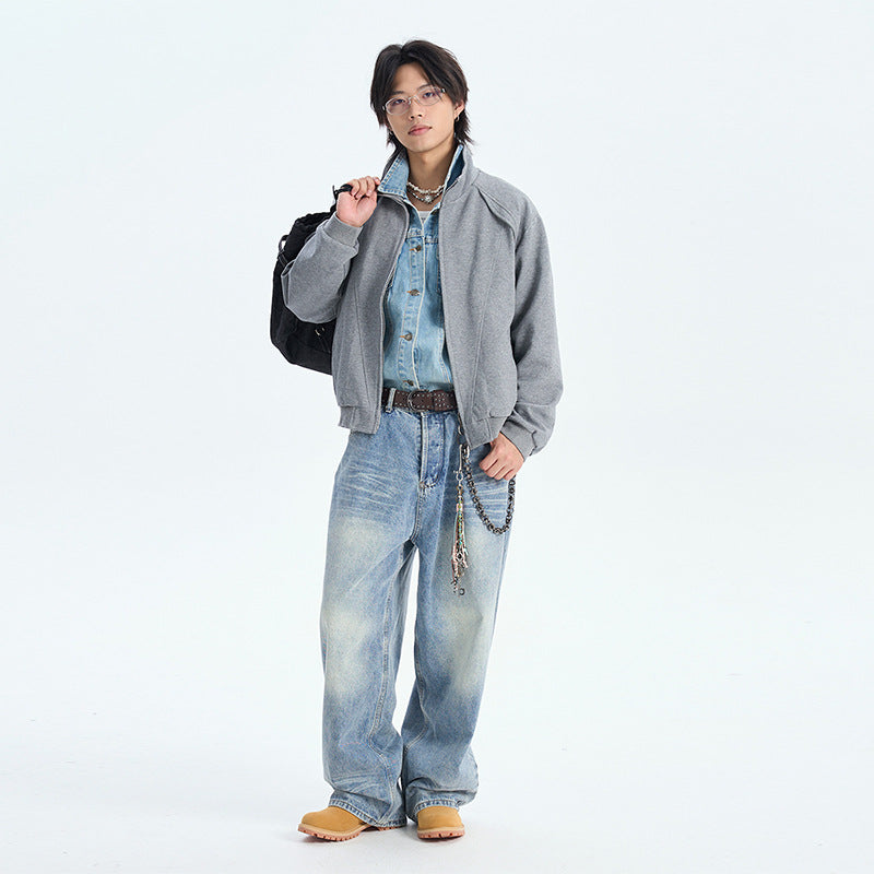 Couple Split Design Stand Collar Hoodie Retro Casual Jacket