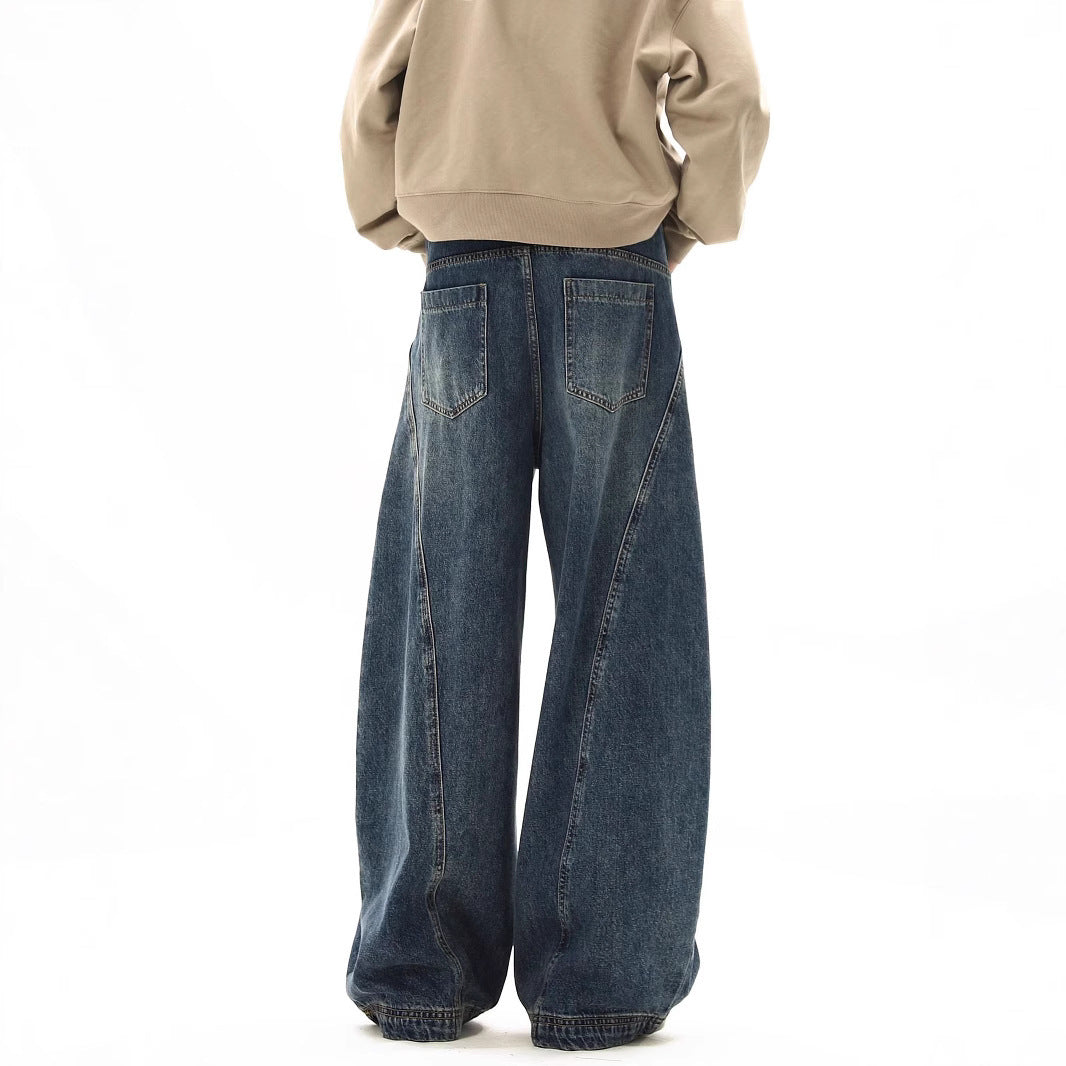 Vintage Cat-Whisker Curved Knife Jeans Men High Street Loose Design Clean Fit Straight Leg Wide Leg Long Pants
