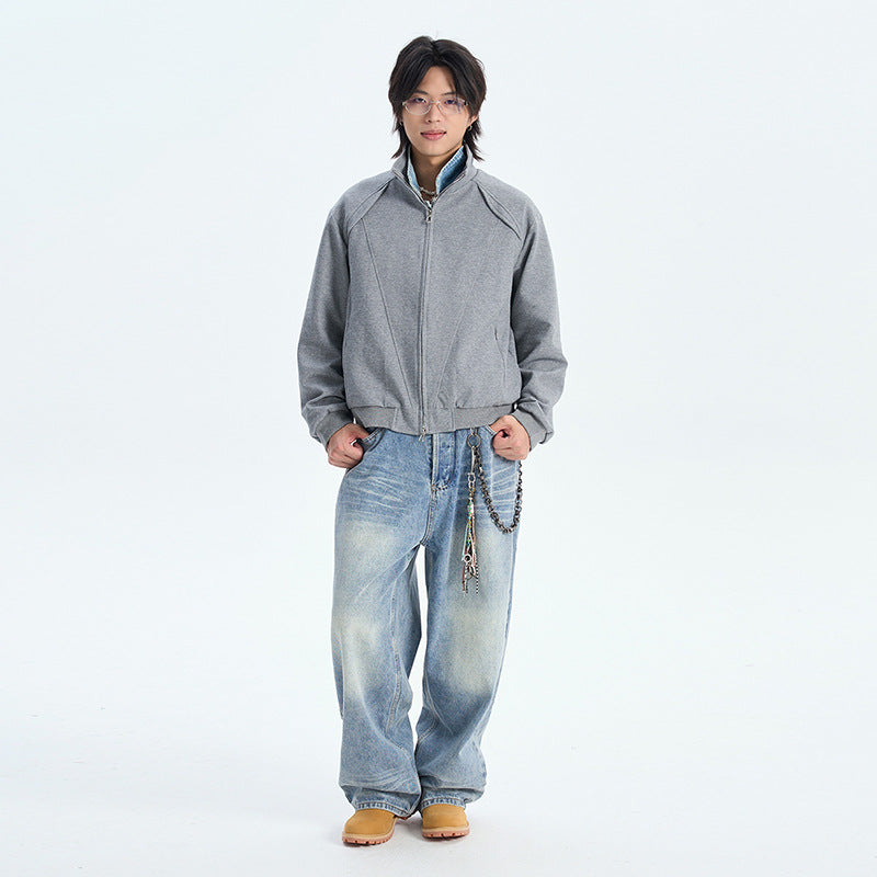 Couple Split Design Stand Collar Hoodie Retro Casual Jacket