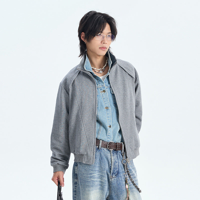 Couple Split Design Stand Collar Hoodie Retro Casual Jacket