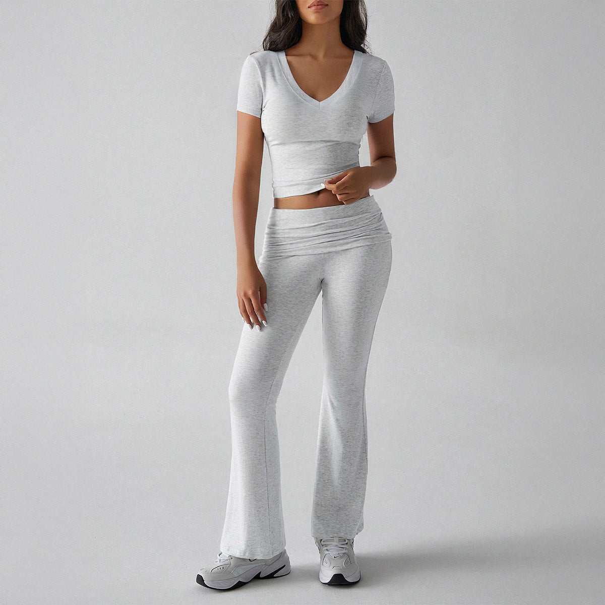 Solid color short sleeved T-shirt yoga long pants set for women