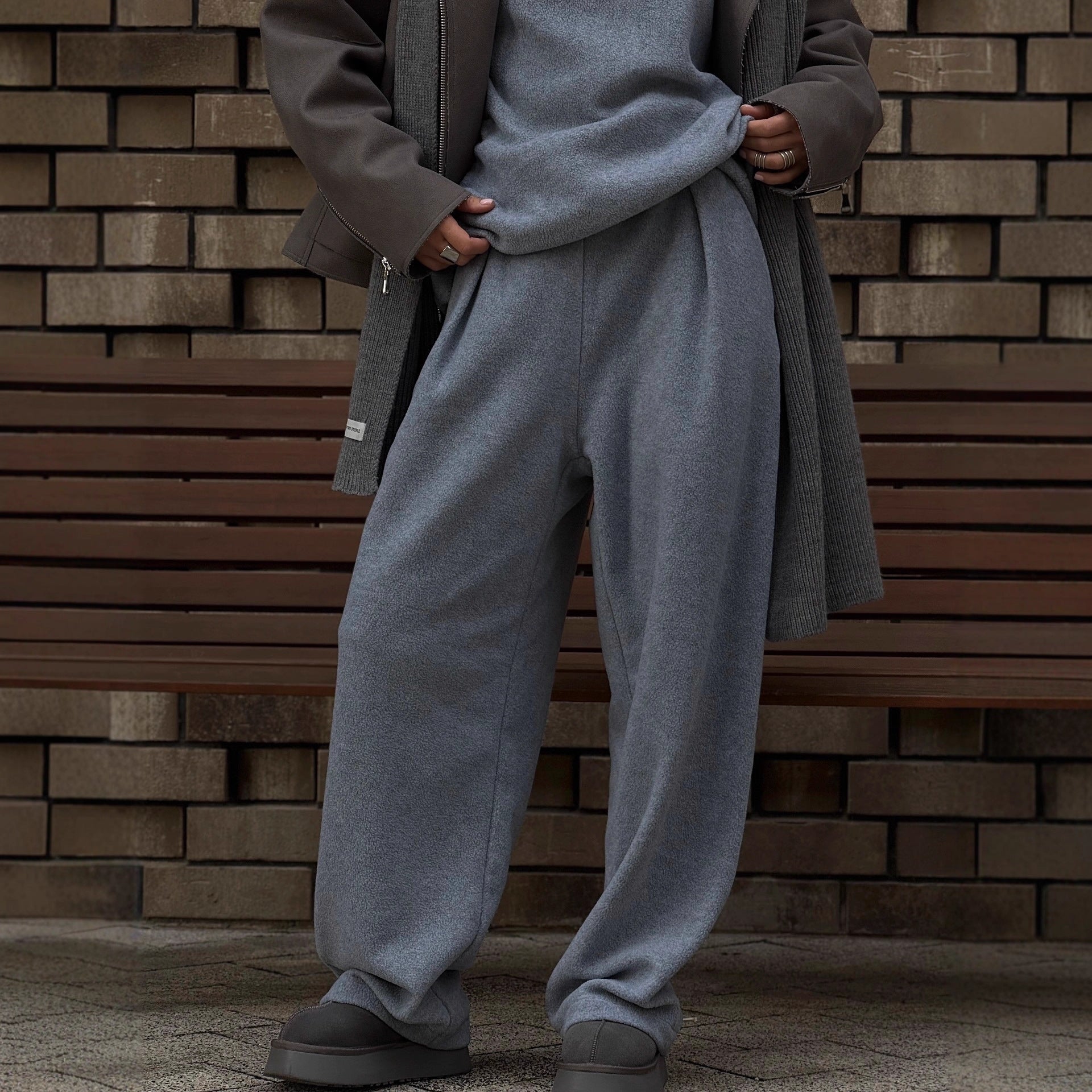 Women Thick Fleece Sweatshirt Wide Leg Pants Two-Piece Set Loose