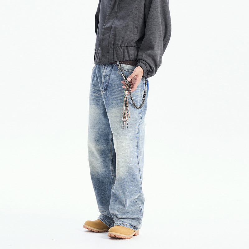 Casual Vintage Washed Straight Leg Jeans Street Style High Waist Loose Fit Long Pants