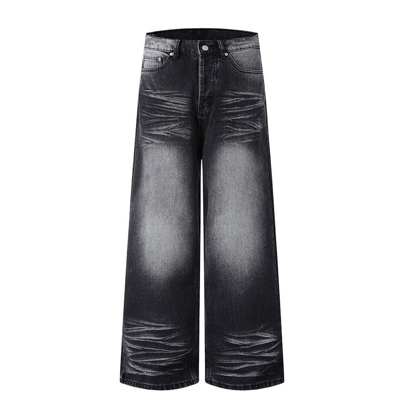 Casual Vintage Washed Straight Leg Jeans Street Style High Waist Loose Fit Long Pants