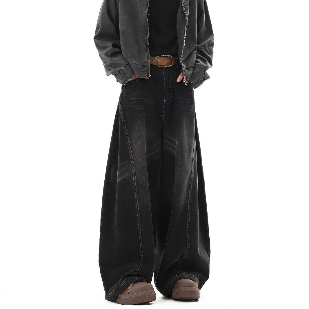 Vintage Cat-Whisker Curved Knife Jeans Men High Street Loose Design Clean Fit Straight Leg Wide Leg Long Pants