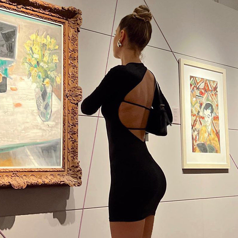 Women's Autumn Round Neck Long Sleeve Backless Fitted Sexy Bodycon Dress