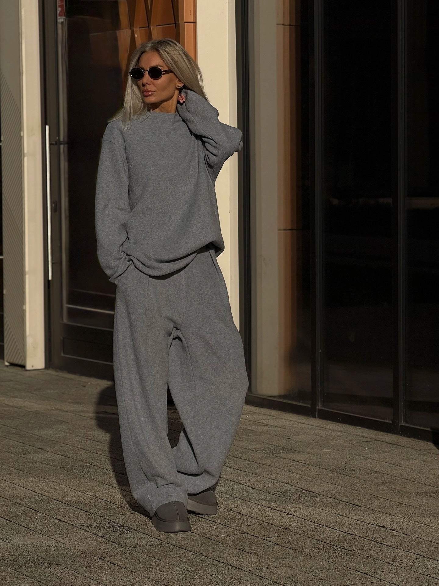 Women Thick Fleece Sweatshirt Wide Leg Pants Two-Piece Set Loose