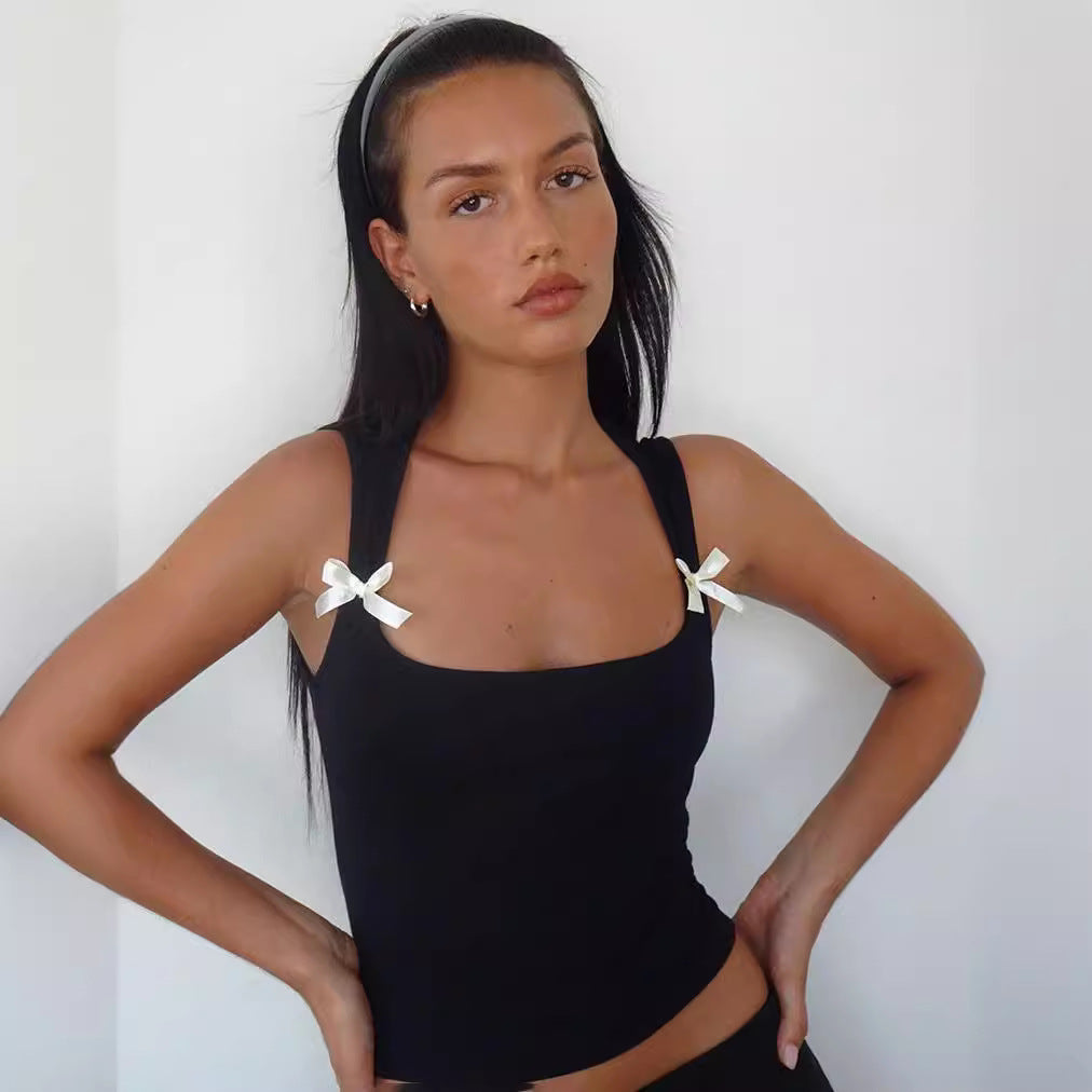 Simple  Slim Tank Top with Bow Decoration