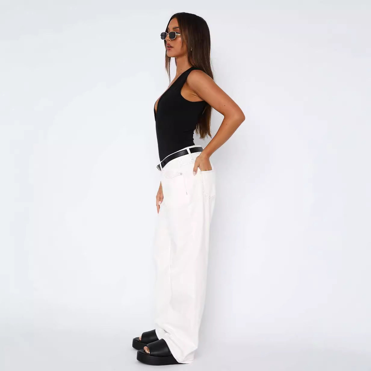 Mid waist non elastic straight tube loose denim pants for women