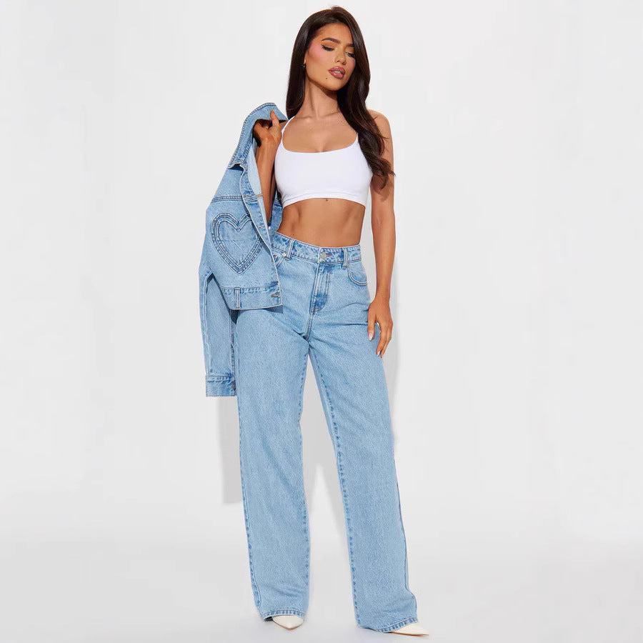 Heart shaped pocket denim pants for women