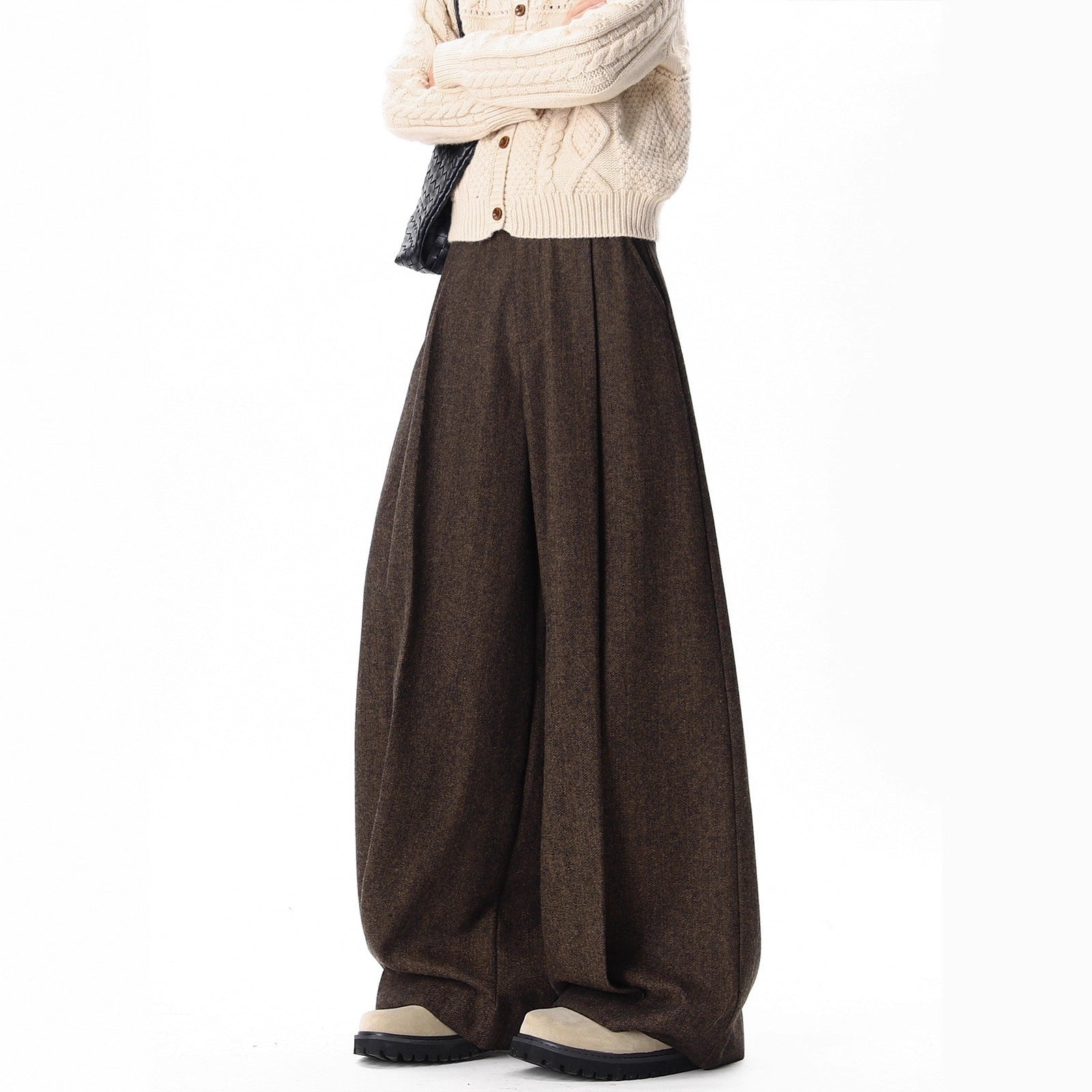 Preppy Style Pleated Woolen Casual Pants for Men and Women, Winter Heavyweight Melange Floor-Length Loose Drape Wide-Leg Pants