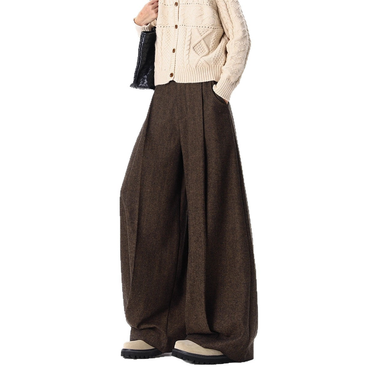 Preppy Style Pleated Woolen Casual Pants for Men and Women, Winter Heavyweight Melange Floor-Length Loose Drape Wide-Leg Pants
