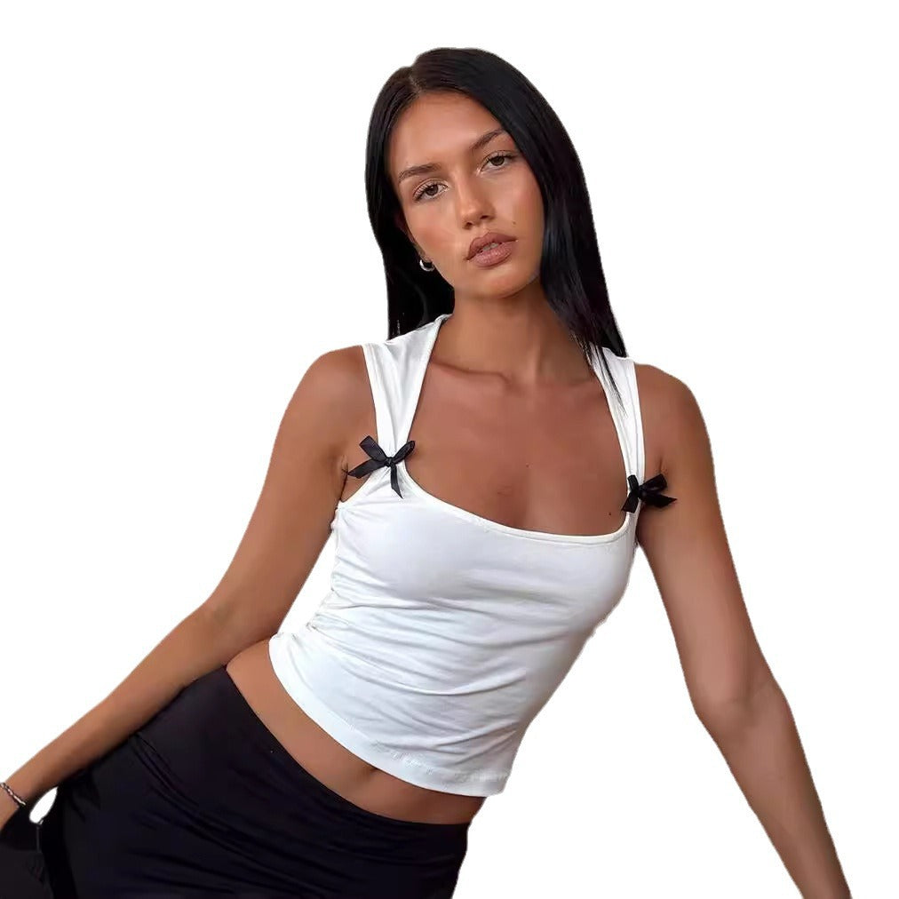 Simple  Slim Tank Top with Bow Decoration