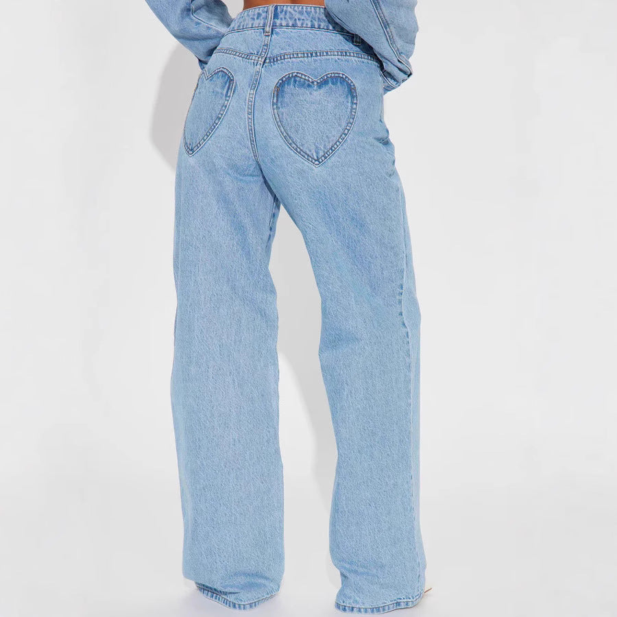 Heart shaped pocket denim pants for women