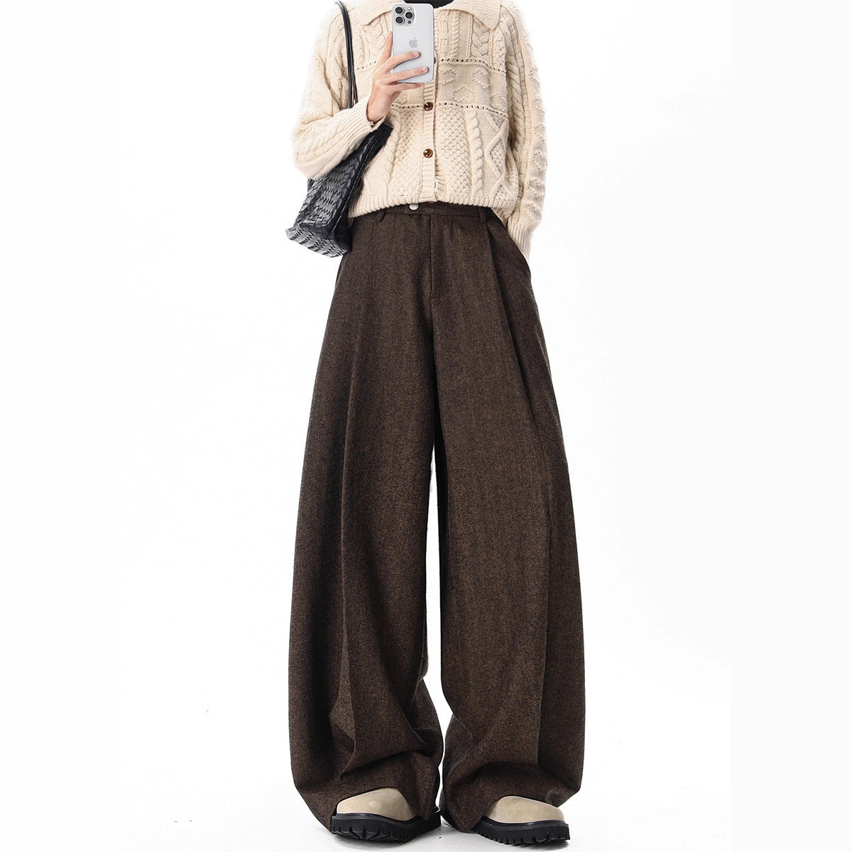 Preppy Style Pleated Woolen Casual Pants for Men and Women, Winter Heavyweight Melange Floor-Length Loose Drape Wide-Leg Pants