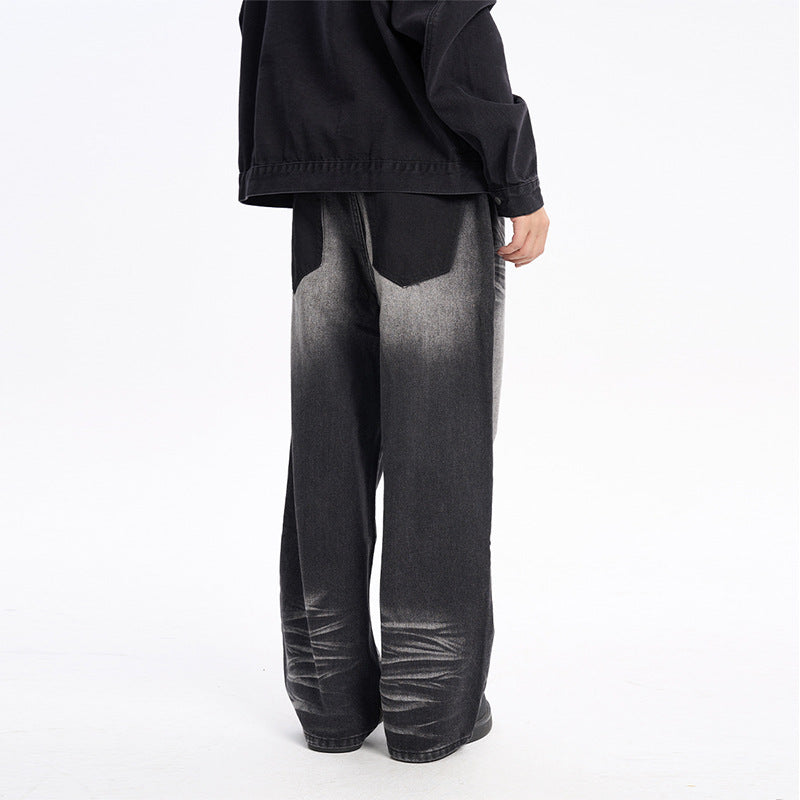 Casual Vintage Washed Straight Leg Jeans Street Style High Waist Loose Fit Long Pants