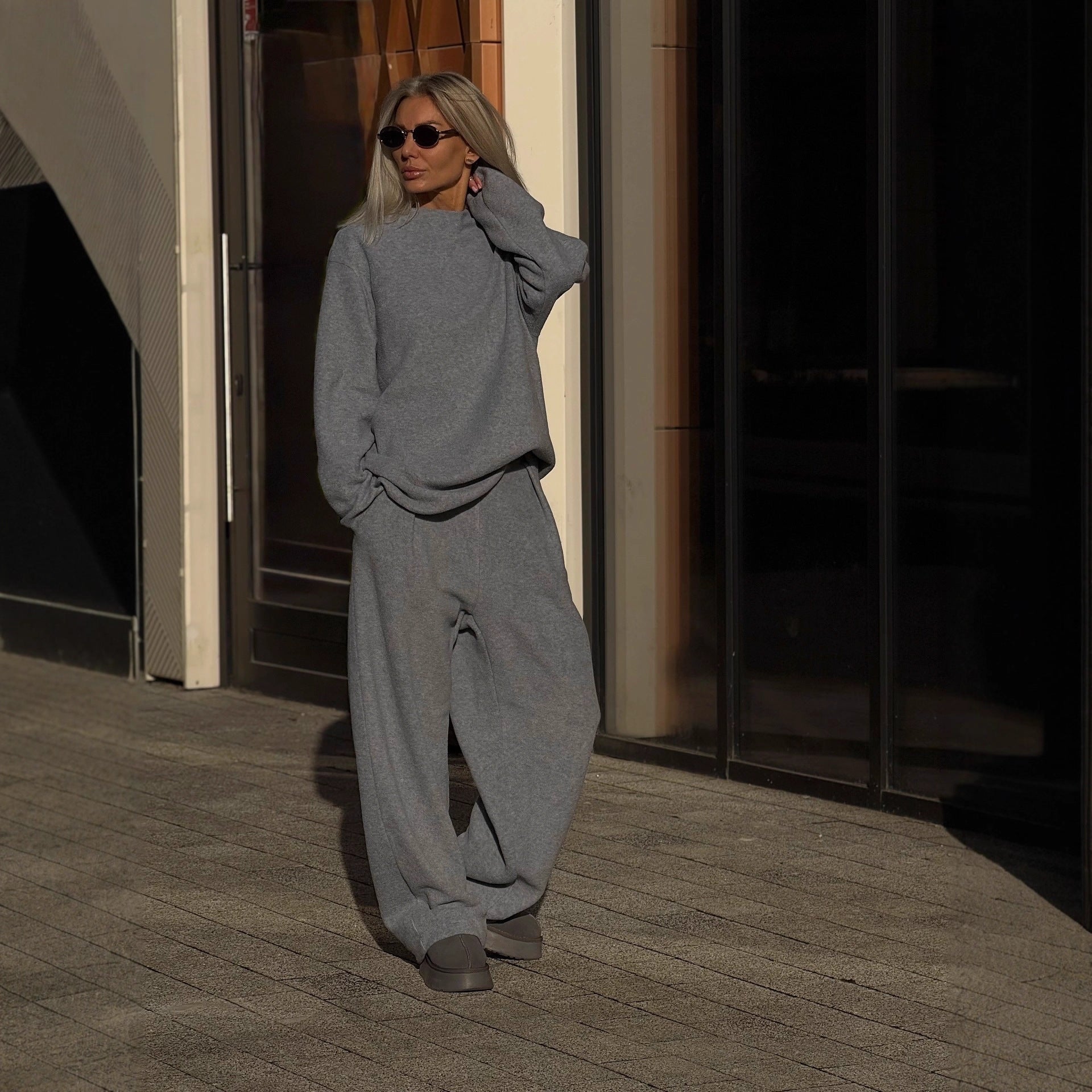 Women Thick Fleece Sweatshirt Wide Leg Pants Two-Piece Set Loose