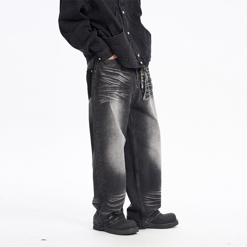 Casual Vintage Washed Straight Leg Jeans Street Style High Waist Loose Fit Long Pants